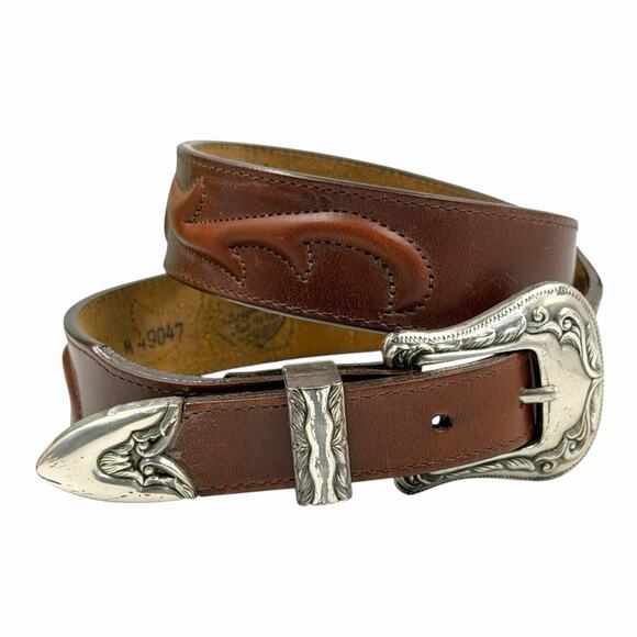VTG BRIGHTON OUT WEST LEATHER BELT WESTERN BOHO BROWN ORNATE SILVER HEART SZ M - Picture 1 of 9